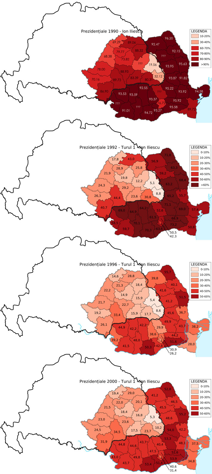 Iliescu választási eredményei a romániai megyékben
